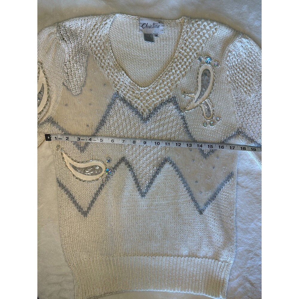 VNTG 80s Christine Women's M Sweater Beaded Embellished Cream Grandmacore Glam - Picture 8 of 10